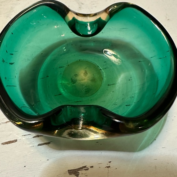 Vintage Murano Italian Sommerso Art Glass Amoeba Ashtray Bowl Green and Gold